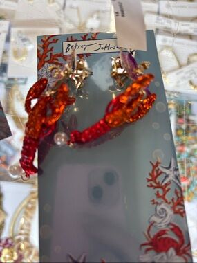 Betsey Johnson Red and Orange Sequin Lobster Clip-On Earrings